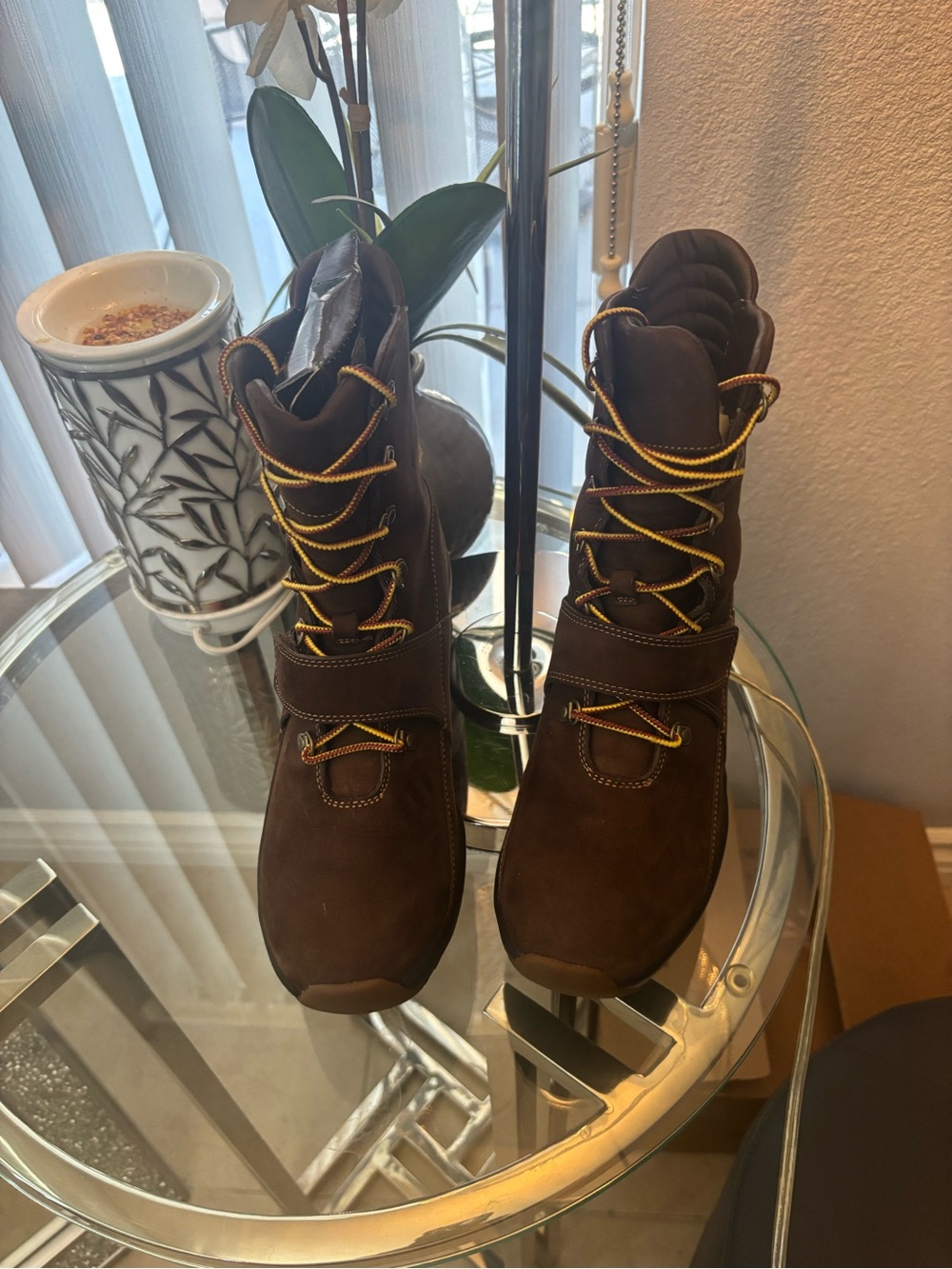 Timberland Dark Brown Nubuck Boots with Yellow Accent Laces